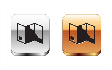 Beyaz arkaplanda siyah katlanmış harita simgesi izole edildi. Gümüş ve altın kare düğmeler. Vektör