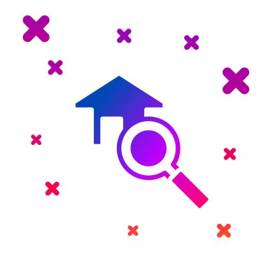 Renk Arama Evi simgesi beyaz arkaplanda izole edildi. Büyüteç altındaki bir evin emlak sembolü. Kademeli rastgele dinamik şekiller. Vektör