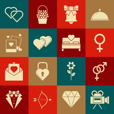 Sinema kamerası, cinsiyet, kadın cinsiyet sembolü, zil, İki Bağlı Kalp, boş fotoğraf çerçeveleri ve kalpler ve yatak odası ikonu. Vektör