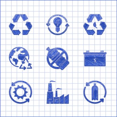 Plastik şişe fabrikası, araba aküsünün geri dönüşümü güneş enerjisi paneli, dünya gezegeni ve geri dönüşüm sembolü yaprak ve ikonu ayarlayın. Vektör.