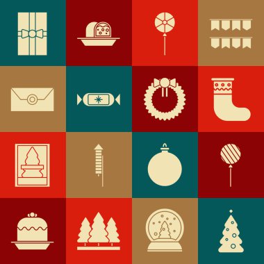 Noel ağacını süslemeler, lolipop, çorap, şeker, Noel partisi davetiye kartı, hediye kutusu ve çelenk ikonu ile süsleyin. Vektör