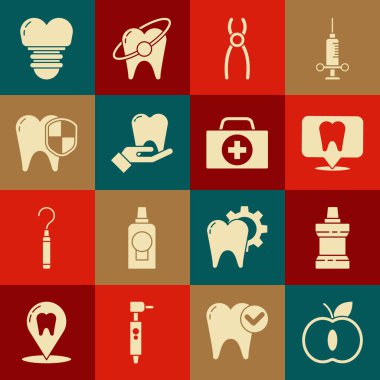 Apple 'ı, ağız gargargarasını plastik şişeyi, diş kliniğinin yerini, penseyi, diş macununu, korumayı, implant ve ilk yardım çantası ikonunu ayarla. Vektör