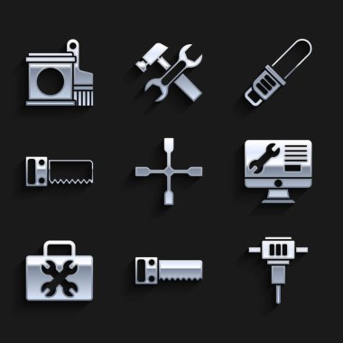 Tekerlek anahtarı, el testeresi, inşaat matkabı, bilgisayar monitörü servisi, Alet kutusu, testere ve boya kovası ikonu. Vektör