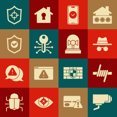 Güvenlik kamerası, dikenli tel, Incognito modu, akıllı telefon, anahtar, işaretli kalkan ve Flasher siren simgesini ayarla. Vektör
