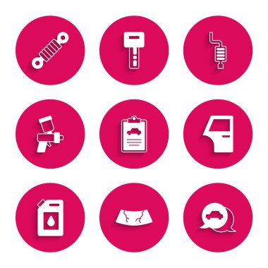 Araç denetimini ayarlayın, ön cam, servis, kapı, motor yağı tüpü, sprey tabanca, egzoz ve şok emici ikonu. Vektör