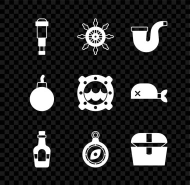 Spyglass teleskop lensleri, gemi direksiyonu, sigara piposu, alkol içeceği rom, pusula, antika hazine sandığı, patlamaya hazır bomba ve deniz kabuğu simgesiyle pencereyi hazırlayın. Vektör