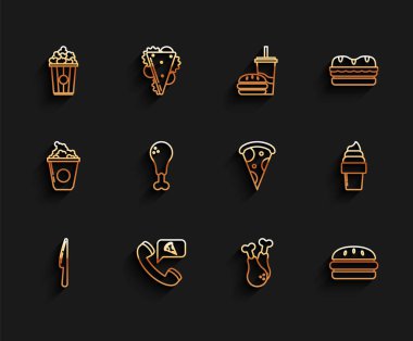 Sıralı bıçak, yiyecek sipariş eden pizza, patlamış mısır karton kutu, tavuk budu, burger, dondurma külahı ve dilimlenmiş ikon. Vektör