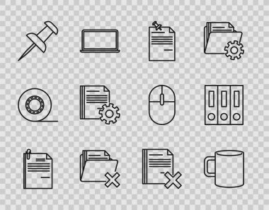 Satır dosya belgesi ve ataş, kahve fincanı düz, iğne basma düğmeli not, klasörü sil, İt, Belge ayarları dişlileri, dosya ve ofis klasörleri belge simgesi. Vektör
