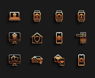 Hat bilgisayar monitörünü ev koruması, ev sıcaklığı, dizüstü bilgisayar akıllı ev, akıllı kablosuz telefon, kablosuz kilit ve ikon için dijital kapı kilidi teknolojisi ile ayarla. Vektör
