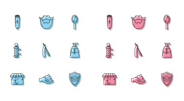 Barbershop binası, tıraş jeli köpüğü, elektrikli saç makası ya da traş makinesi, bıyık sakalı kalkanı, tıraş losyonu, klasik direk ve ikon. Vektör