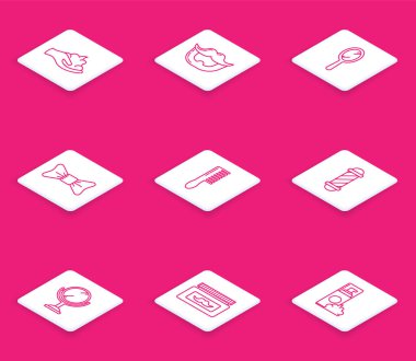 Sıraya dizilmiş tıraş köpüğü, bıyık sakalı, el aynası, papyon, saç fırçası, klasik berber dükkanı direği ve krem losyon kozmetik kavanozu ikonu. Vektör