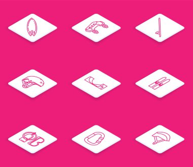 Sörf tahtası, dizlik, kask, kayak parkı, kayak ve sopalar, dalış maskesi aqualung ve Carabiner ikonu. Vektör