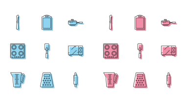 Ölçme kabı, Grater, Bıçak, Rolling Pin, Spatula, Mikrodalga fırın, Gaz sobası ve kesme tahtası ikonu. Vektör
