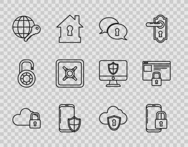 Hat Cloud bilgisayar kilidi, kapalı asma kilitli akıllı telefon, kişisel verilerin korunması, güvenlik kalkanı, Globe anahtarı, Güvenli ve sitenizi HTTPS, SSL simgesi haline getirin. Vektör
