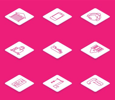 Hat kapalı depo, uygulama dağıtım takibi olan cep telefonu, destek operatörü dokunuşu, karton kutu, kargo kutusu servisi, tarayıcı tarama barkodu ve Harbor vinç simgesi. Vektör