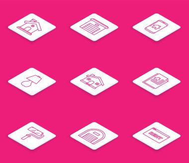 House, Garage, Mobile phone, akıllı ev, masa lambası, sözleşme, boya fırçası ve Depo ikonu. Vektör