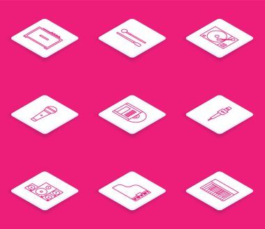 Gitar amplifikatörü, bateri çubukları, vinil diskli vinil çalar, mikrofon, Stereo hoparlörü ve Grand piano ikonu ayarla. Vektör