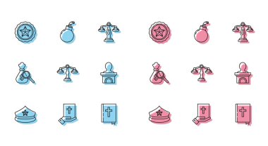 Polis şapkası, papağan, İncil üzerine yemin rozet, İncil, adalet terazisi, kürsü kürsüsü, para çantası büyüteç ve bomba ikonu patlatmaya hazır. Vektör