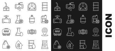 Yağ ve gaz fabrikası, antifriz kutusu, motor göstergesi, test tüpü, endüstriyel metalik boru vanası motor yağı ve propan tankı ikonu için tüp. Vektör