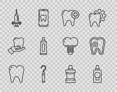 Diş ipi, ağız gargargarası plastik şişe diş macunu diş macunu, tıbbi şırınga, diş macunu tüpü ve taşıyıcı ikon. Vektör