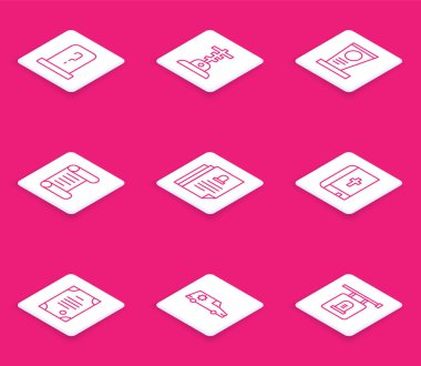 Mezar taşıyla, haçla, fermanla, parşömenle, parşömenle, ölüm sertifikasıyla, kutsal İncil kitabıyla ve cenaze arabası ikonuyla aynı hizaya getir. Vektör