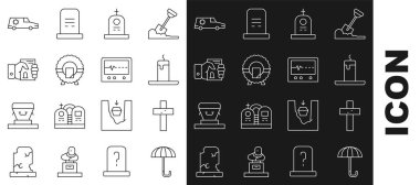 Şemsiye, Hıristiyan haçı, yanan mum, mezar taşlı mezar taşı, ölüm sertifikalı çelenk, cenaze arabası ve Beat monitör ikonu. Vektör