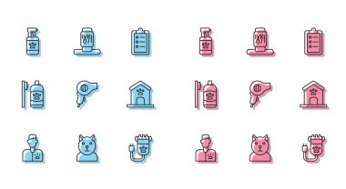 Veteriner doktor, kedi, evcil hayvan şampuanı, saç kesme makinesi, kurutma makinesi, köpek evi ve pençe izi, evcil hayvanlar için diş hijyeni ve tırmalama ikonu. Vektör