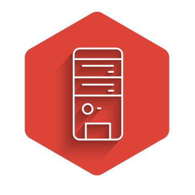 Beyaz çizgi Bilgisayar simgesi uzun gölgeyle izole edildi. Bilgisayar bileşeni işareti. Kırmızı altıgen düğmesi. Vektör.