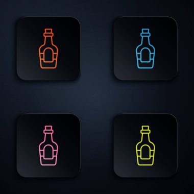 Renkli neon hattı Alkol, rom şişesi ikonu, siyah arka planda izole edilmiş. Kare düğmelere simgeleri yerleştir. Vektör