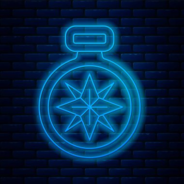 Parlayan neon hattı pusula simgesi tuğla duvar arka planında izole edildi. Rüzgâr yön bulma sembolü. Rüzgar gül işareti. Vektör