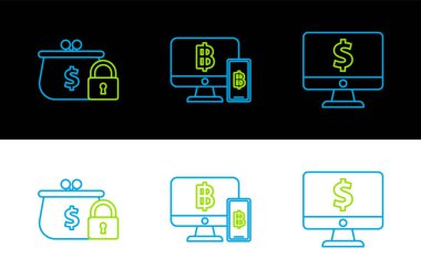 Çizgi bilgisayar monitörünü dolar sembolü, kapalı cüzdan kilidi, cep telefonu ve bitcoin simgesi ile ayarla. Vektör