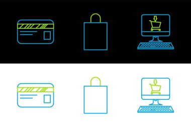 Alışveriş arabasını ekran bilgisayarına, kredi kartına ve kağıt alışveriş poşeti ikonuna ayarla. Vektör