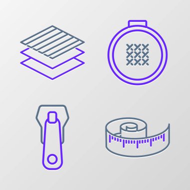 Şerit ölçü, fermuar, yuvarlak işlemeli çember ve tekstil kumaş rulo ikonu ayarlayın. Vektör