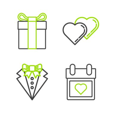 Takvimi kalp, takım elbise, İki Bağlı Kalp ve Hediye kutusu simgesi ile ayarla. Vektör