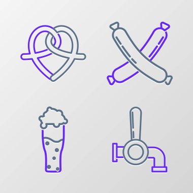 Çizgili bira musluğu, bir bardak bira, çapraz sosis ve simit. Vektör