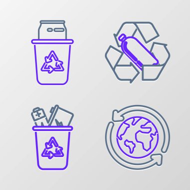 Gezegen ve geri dönüşüm hattı, geri dönüşüm sembollü geri dönüşüm kutusu plastik şişe ve ikon. Vektör