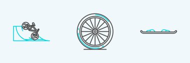 Çizgi Snowboard, bisiklet sokak rampası ve tekerlek ikonu. Vektör