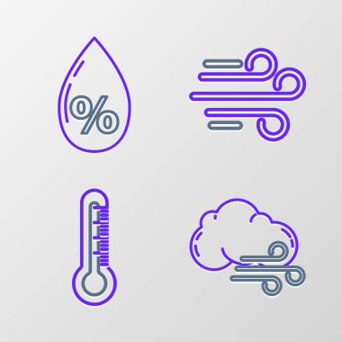 Hat Windy hava durumu, termometre ve su indirme yüzdesi simgesini ayarla. Vektör