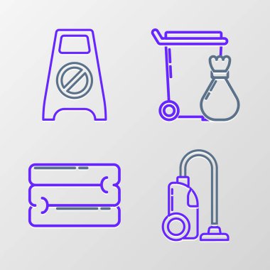 Elektrik süpürgesi, havlu yığını, çöp tenekesi ve ıslak zemini ve temizlik ikonunu ayarla. Vektör