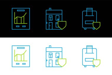 Hat çizgisi seyahat sigortası, grafik çizelgesi ve House Shield ikonu olan belgeler. Vektör