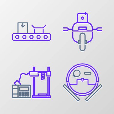Robot elektrikli süpürge, 3D yazıcı ve karton kutu simgesiyle taşıyıcı bandı ayarla. Vektör