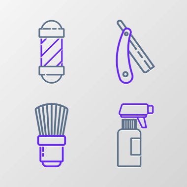 Tabanca sprey şişesi, tıraş fırçası, ustura ve klasik berber dükkânı ikonu. Vektör