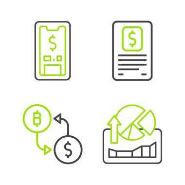 Borsa büyüme grafikleri, kripto döviz borsası, iş finans raporu ve dolar ikonlu mobil. Vektör