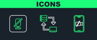 Görüntülü kamerayı cep telefonuna, sessiz mikrofona ve çevrimiçi çalışan ikona ayarla. Vektör