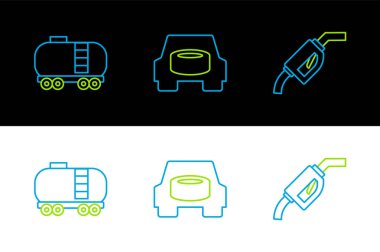 Benzin pompası hortumunu, petrol demiryolu sarnıcısını ve araba ikonunu ayarlayın. Vektör
