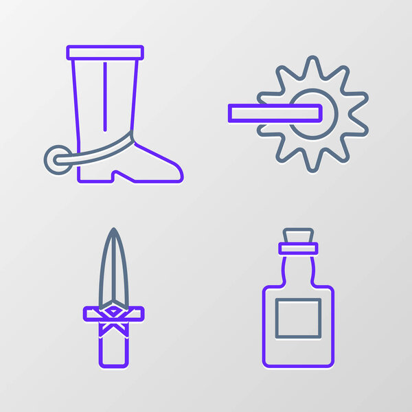 Set line Tequila bottle, Dagger, Spur and Cowboy boot icon. Vector