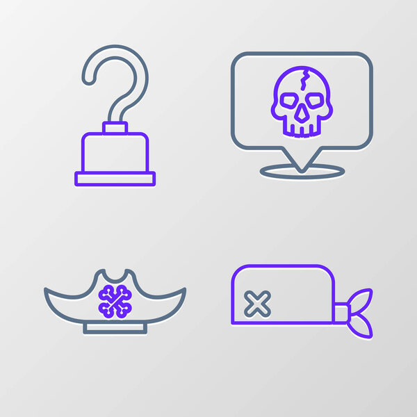 Set line Pirate bandana for head, hat, Skull and hook icon. Vector