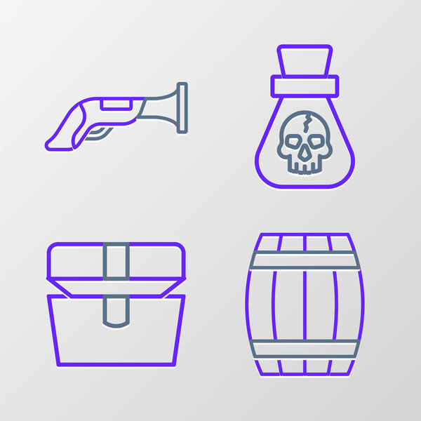 Set line Wooden barrel, Antique treasure chest, Pirate coin and Vintage pistol icon. Vector