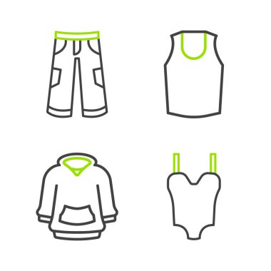 Çizgi mayo, kapüşon, atlet ve pantolon ikonu. Vektör