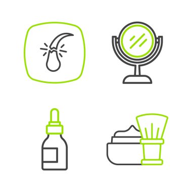 Tıraş fırçasını köpük, yağ şişesi, el aynası ve kırık saç kökü ikonu ile ayarla. Vektör